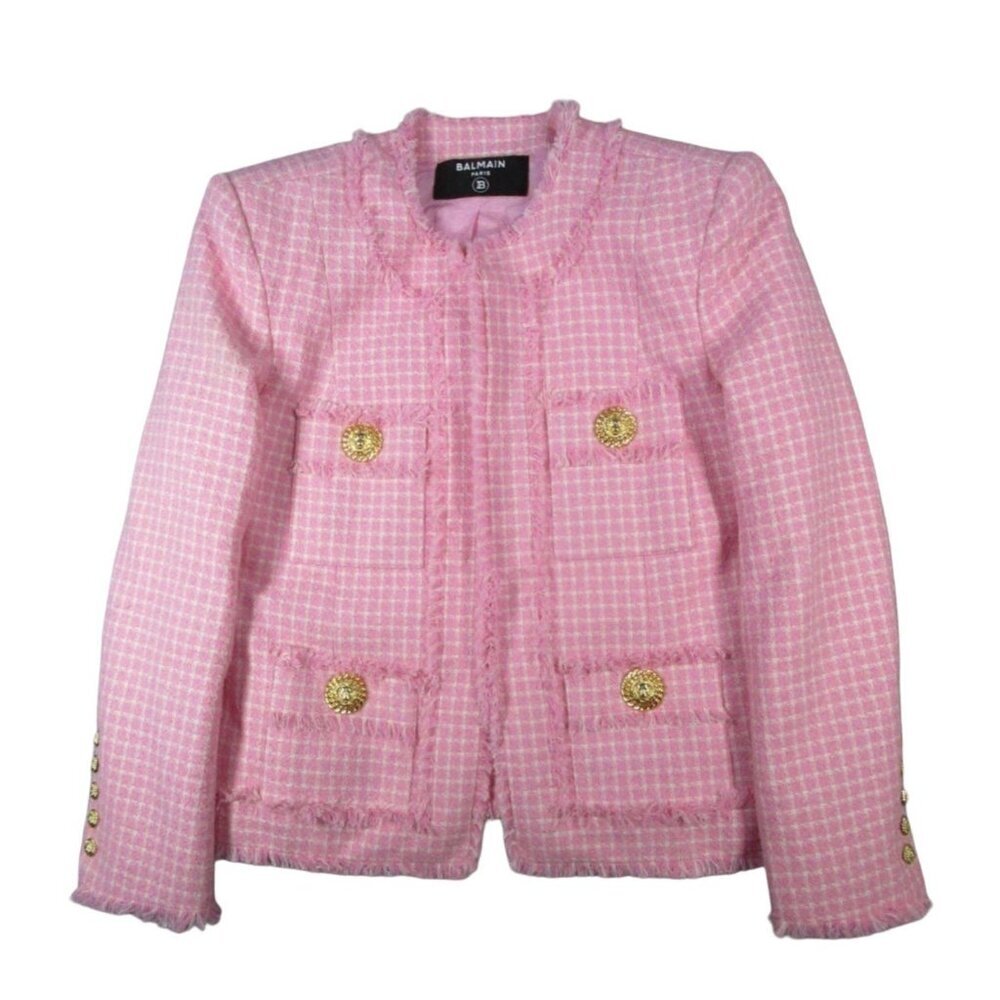 Balmain Paris Pink White Gingham Tweed Blazer Womens Sz‎ 42 Lg Luxury Old Money